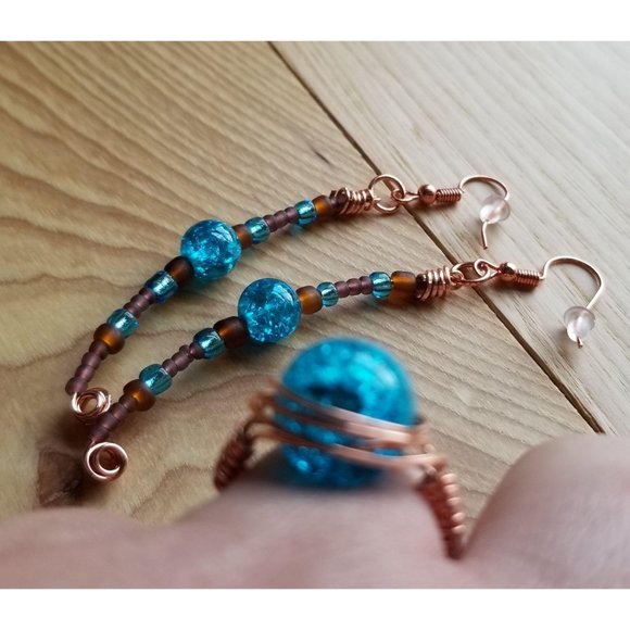 Copper Wire Earrings Rings Turquoise Set - Picture 7 of 10